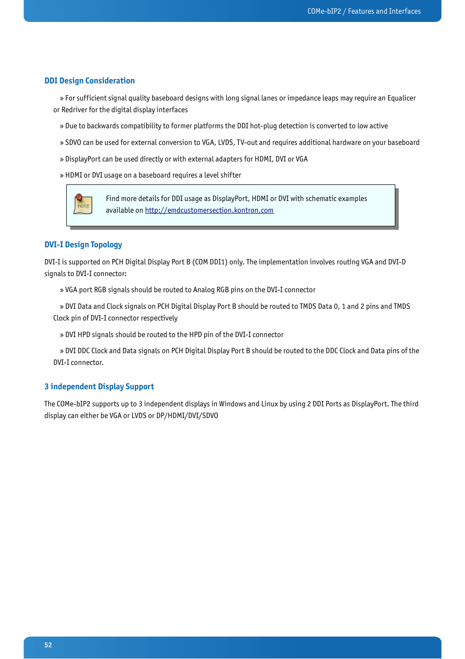 Ddi design consideration, Dvi-i design topology, 3 independent display support | Kontron COMe-bIP2 User Manual | Page 52 / 128