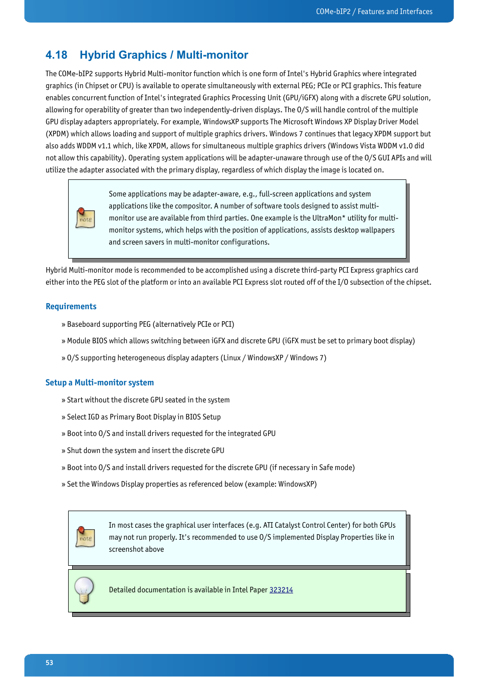 18 hybrid graphics / multi-monitor, Requirements, Setup a multi-monitor system | Hybrid graphics / multi-monitor | Kontron COMe-bIP2 User Manual | Page 53 / 128