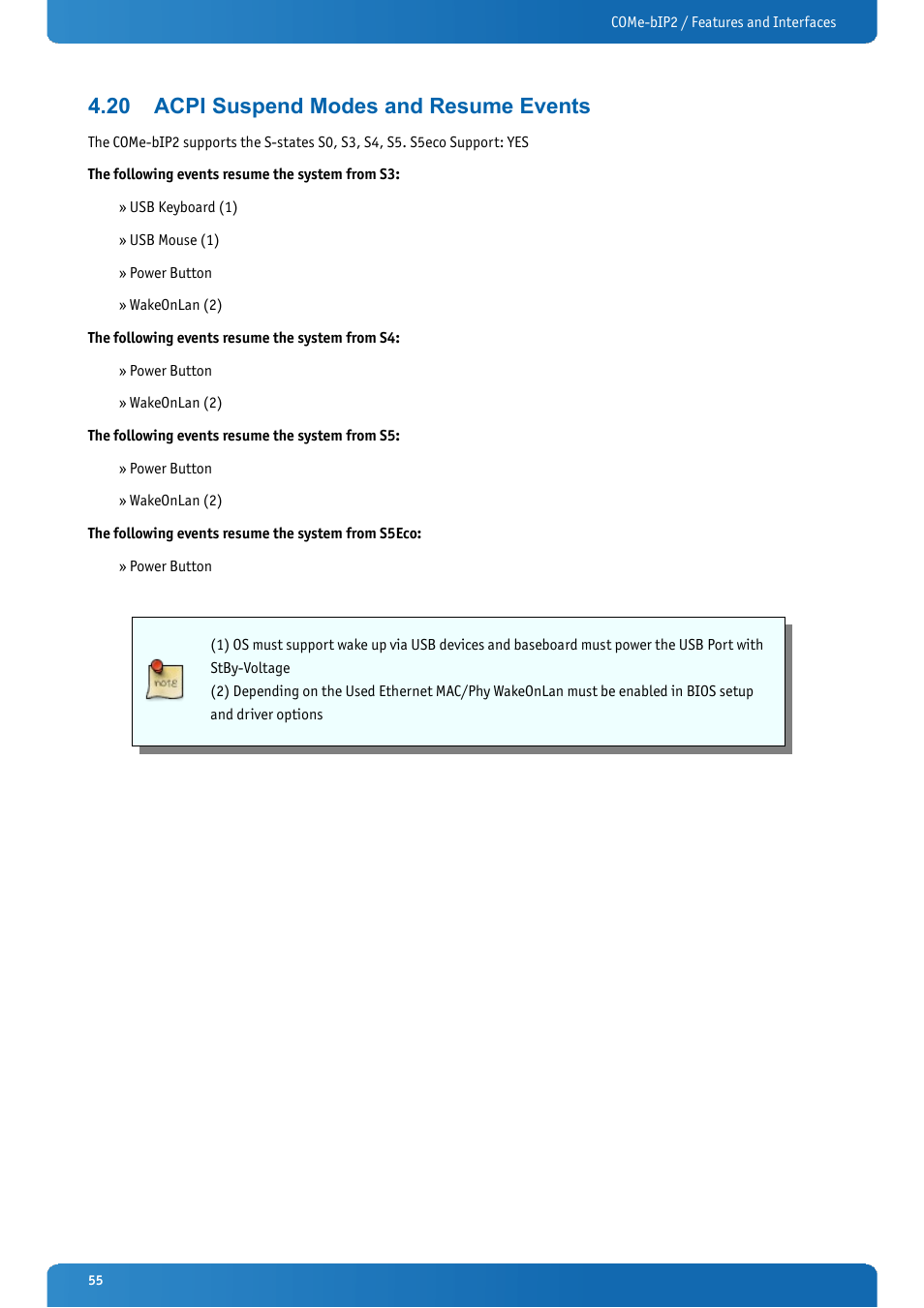 20 acpi suspend modes and resume events, Acpi suspend modes and resume events | Kontron COMe-bIP2 User Manual | Page 55 / 128