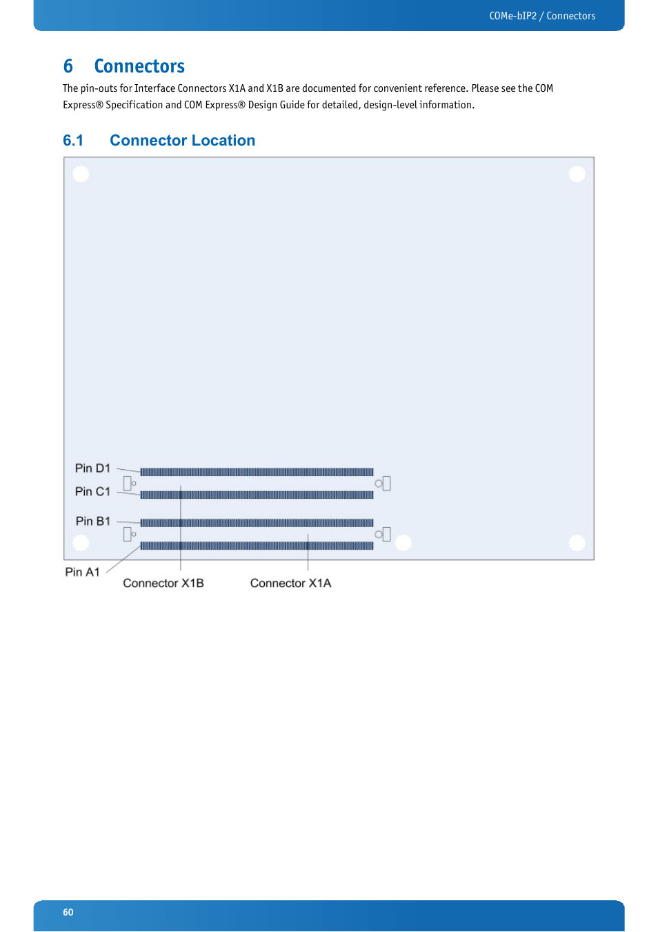 6 connectors, 1 connector location, Connectors | Connector location | Kontron COMe-bIP2 User Manual | Page 60 / 128