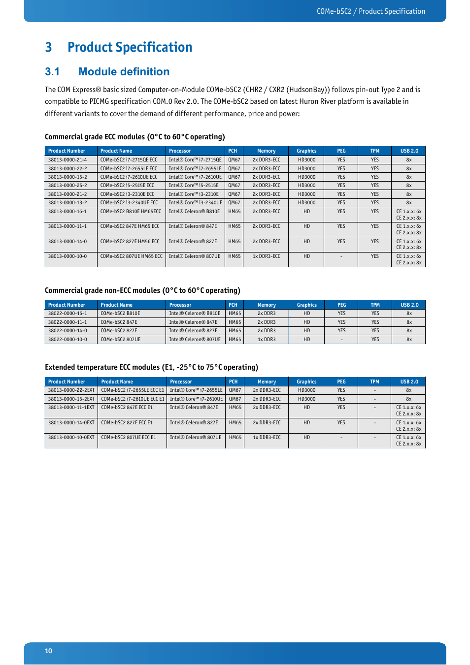 3 product specification, 1 module definition, Product specification | Module definition, Come-bsc2 / product specification | Kontron COMe-bSC2 User Manual | Page 10 / 125