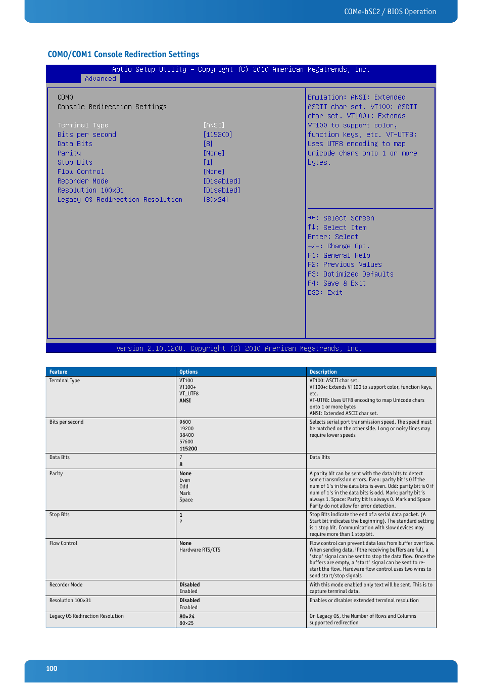 Com0/com1 console redirection settings, Come-bsc2 / bios operation | Kontron COMe-bSC2 User Manual | Page 100 / 125