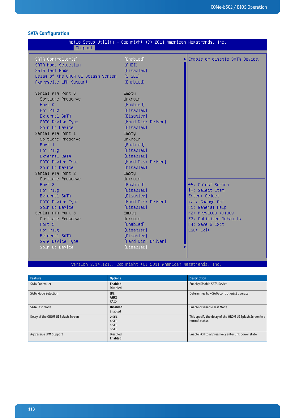 Sata configuration, Come-bsc2 / bios operation sata configuration | Kontron COMe-bSC2 User Manual | Page 113 / 125
