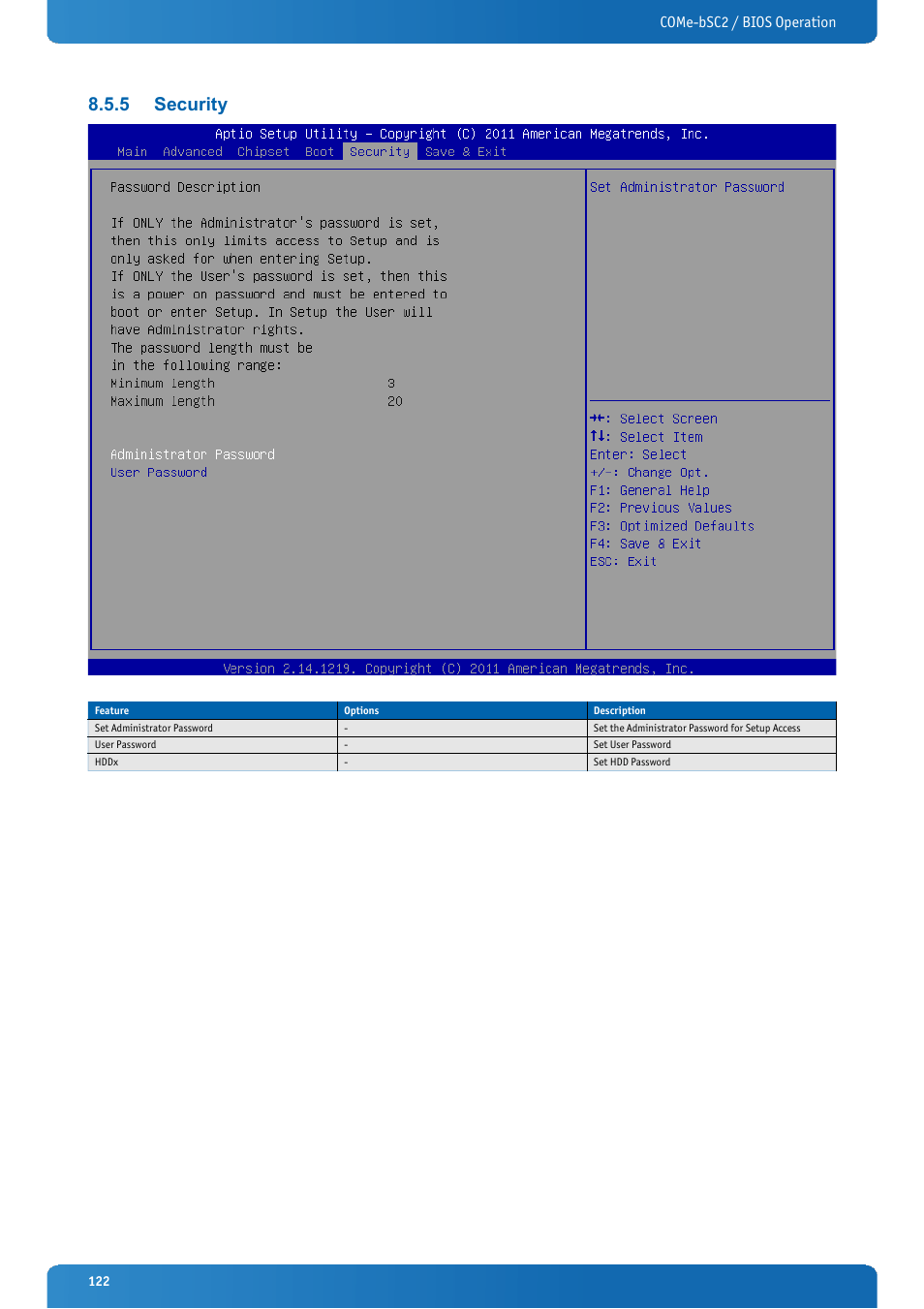 5 security, Security, Come-bsc2 / bios operation | Kontron COMe-bSC2 User Manual | Page 122 / 125