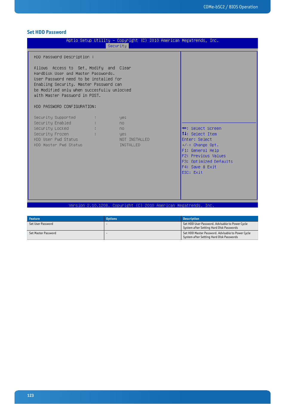 Set hdd password, Come-bsc2 / bios operation | Kontron COMe-bSC2 User Manual | Page 123 / 125