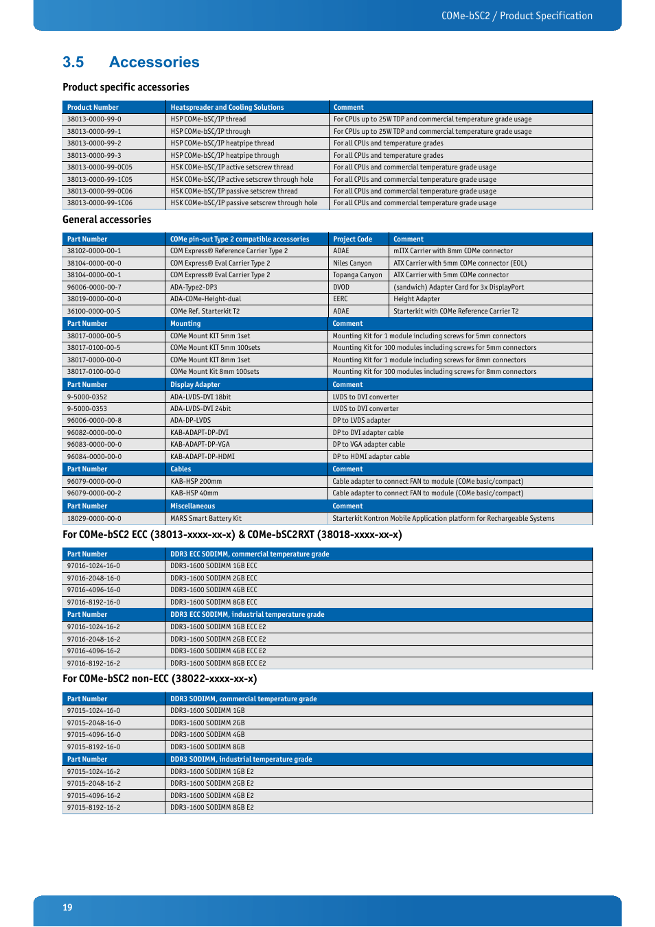 5 accessories, Accessories, Come-bsc2 / product specification | Product specific accessories, General accessories | Kontron COMe-bSC2 User Manual | Page 19 / 125