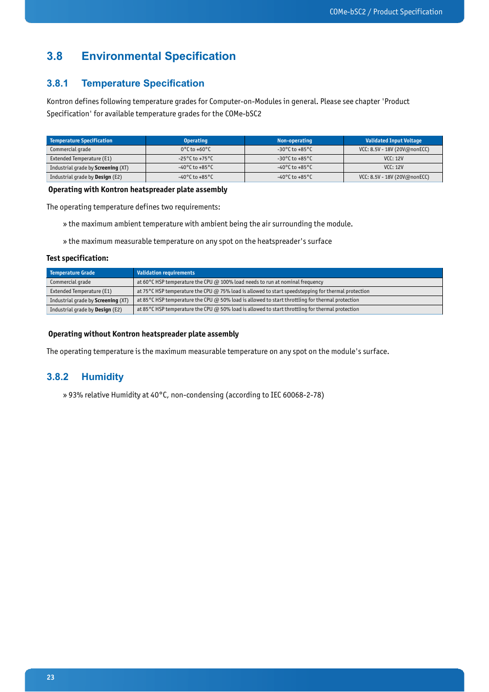 8 environmental specification, 1 temperature specification, 2 humidity | Environmental specification, Temperature specification, Humidity | Kontron COMe-bSC2 User Manual | Page 23 / 125