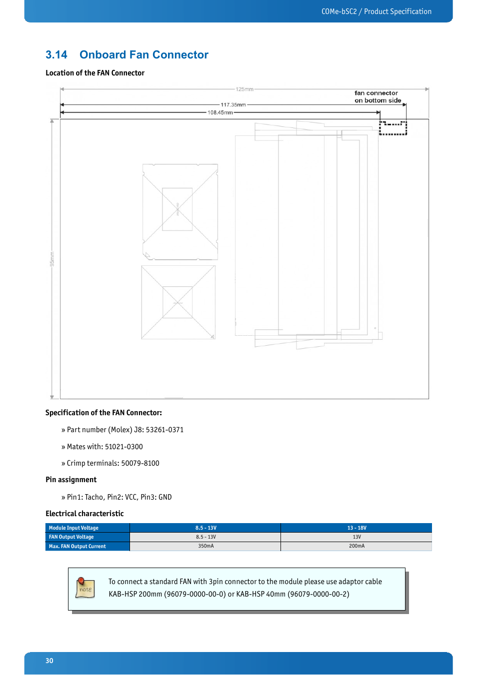14 onboard fan connector, Onboard fan connector | Kontron COMe-bSC2 User Manual | Page 30 / 125