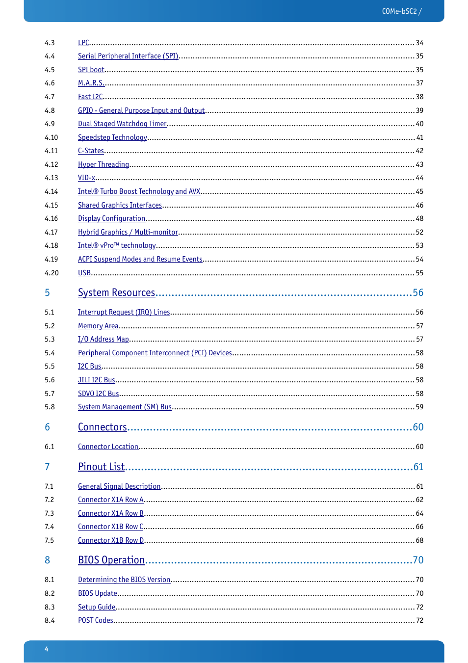 5system resources, 6connectors, 7pinout list | 8bios operation | Kontron COMe-bSC2 User Manual | Page 4 / 125