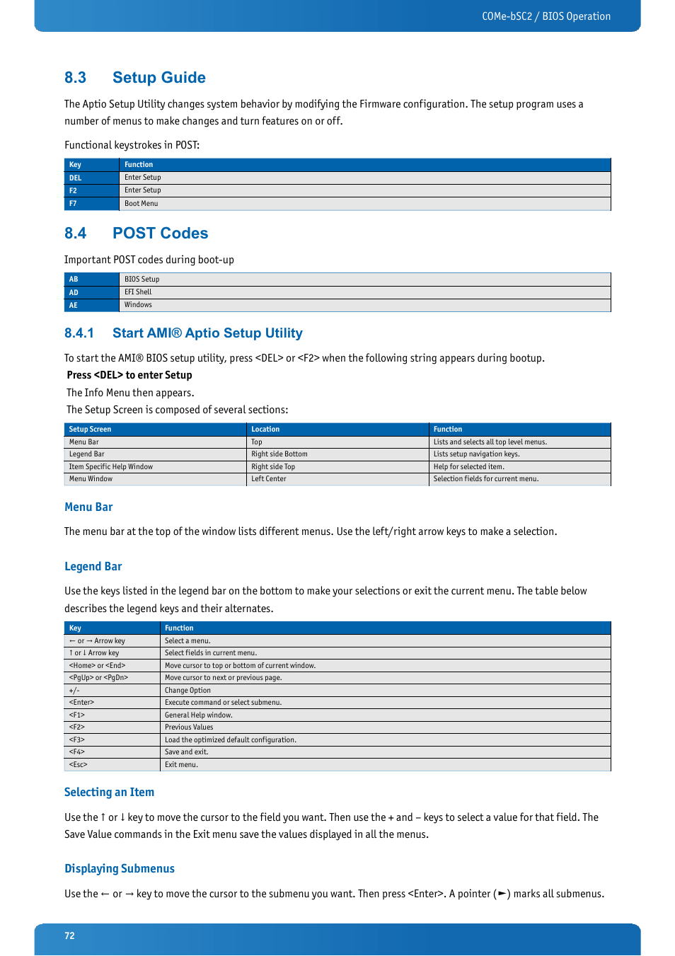 3 setup guide, 4 post codes, 1 start ami® aptio setup utility | Menu bar, Legend bar, Selecting an item, Displaying submenus, Setup guide, Post codes, Start ami® aptio setup utility | Kontron COMe-bSC2 User Manual | Page 72 / 125