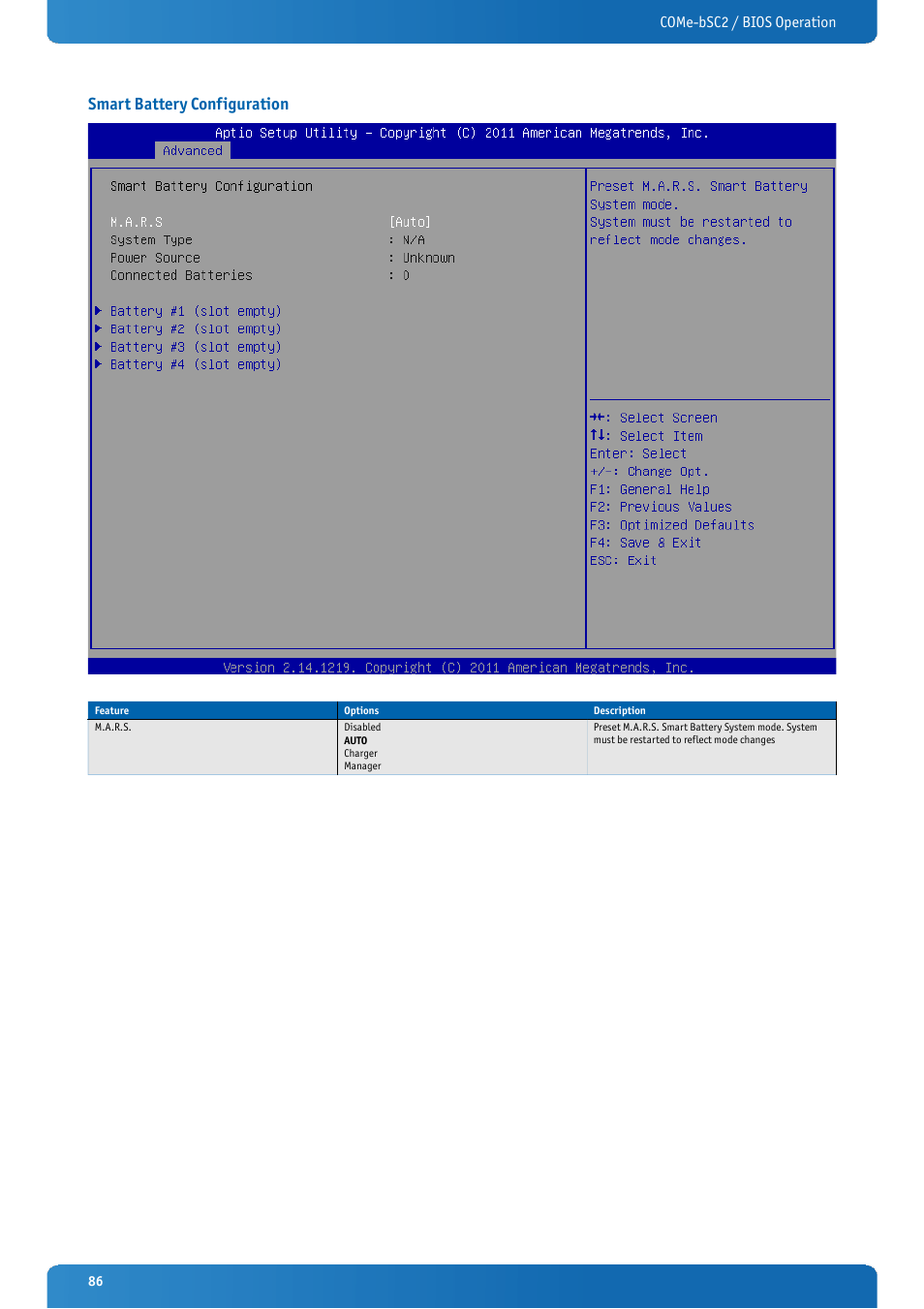 Smart battery configuration, Come-bsc2 / bios operation | Kontron COMe-bSC2 User Manual | Page 86 / 125