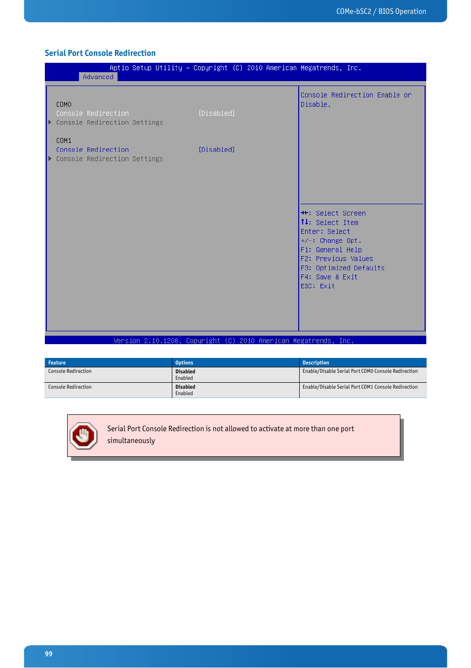Serial port console redirection, Come-bsc2 / bios operation | Kontron COMe-bSC2 User Manual | Page 99 / 125