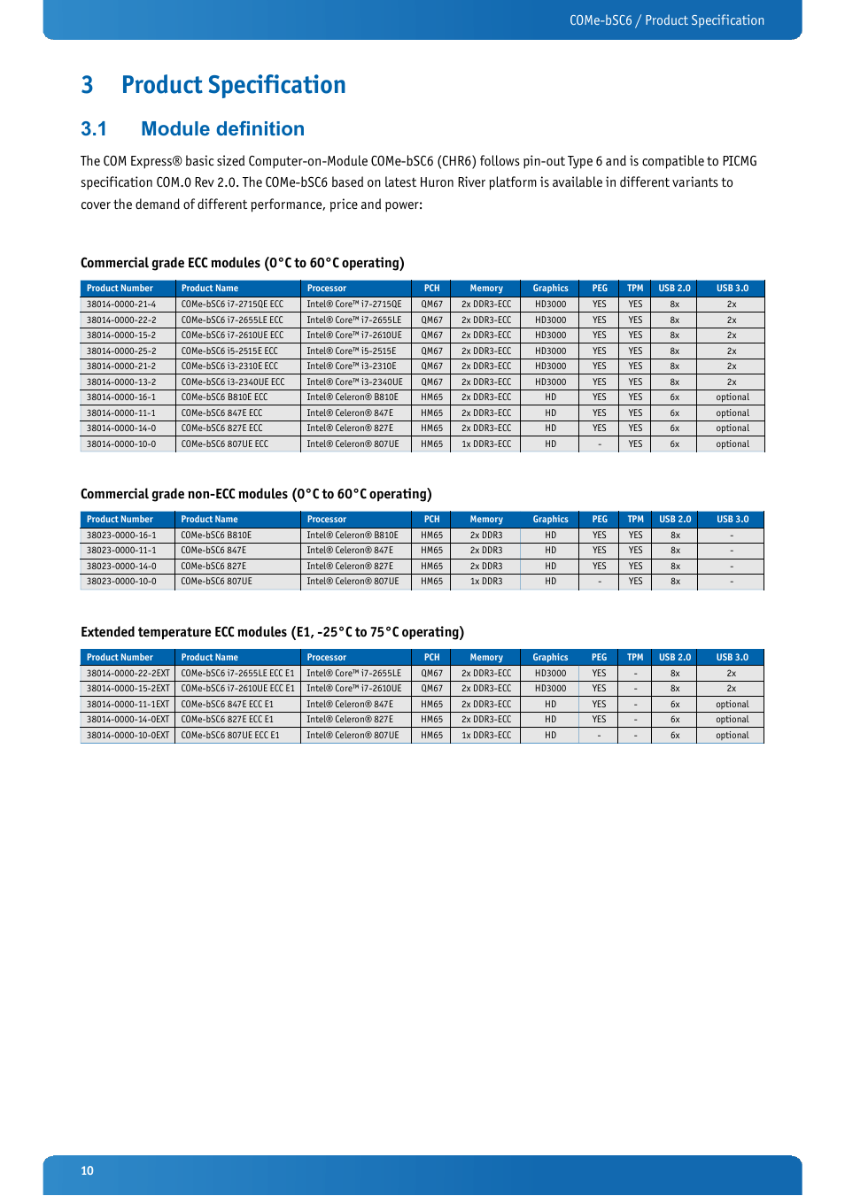 3 product specification, 1 module definition, Product specification | Module definition, Come-bsc6 / product specification | Kontron COMe-bSC6 User Manual | Page 10 / 117