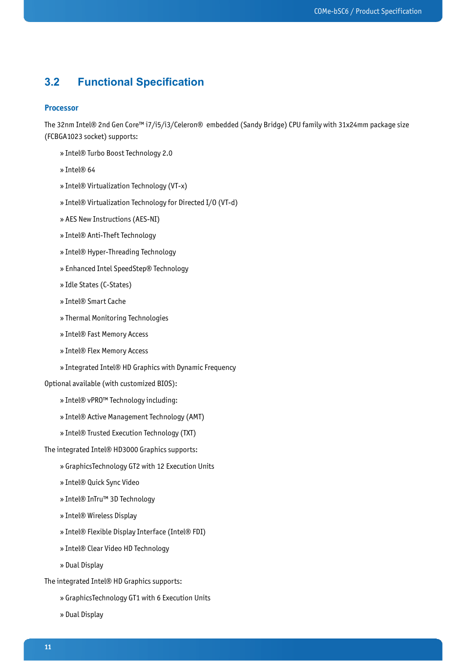 2 functional specification, Processor, Functional specification | Kontron COMe-bSC6 User Manual | Page 11 / 117