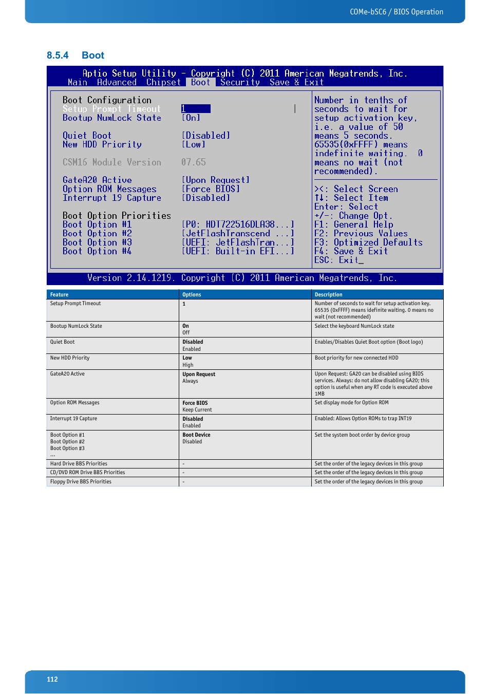 4 boot, Boot, Come-bsc6 / bios operation | Kontron COMe-bSC6 User Manual | Page 112 / 117