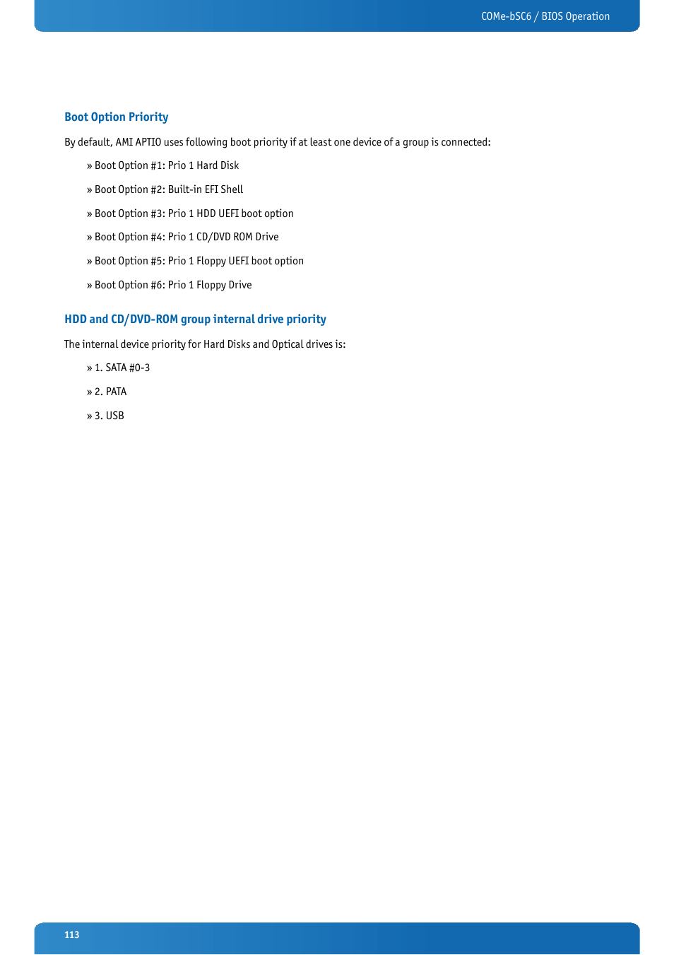 Boot option priority, Hdd and cd/dvd-rom group internal drive priority | Kontron COMe-bSC6 User Manual | Page 113 / 117