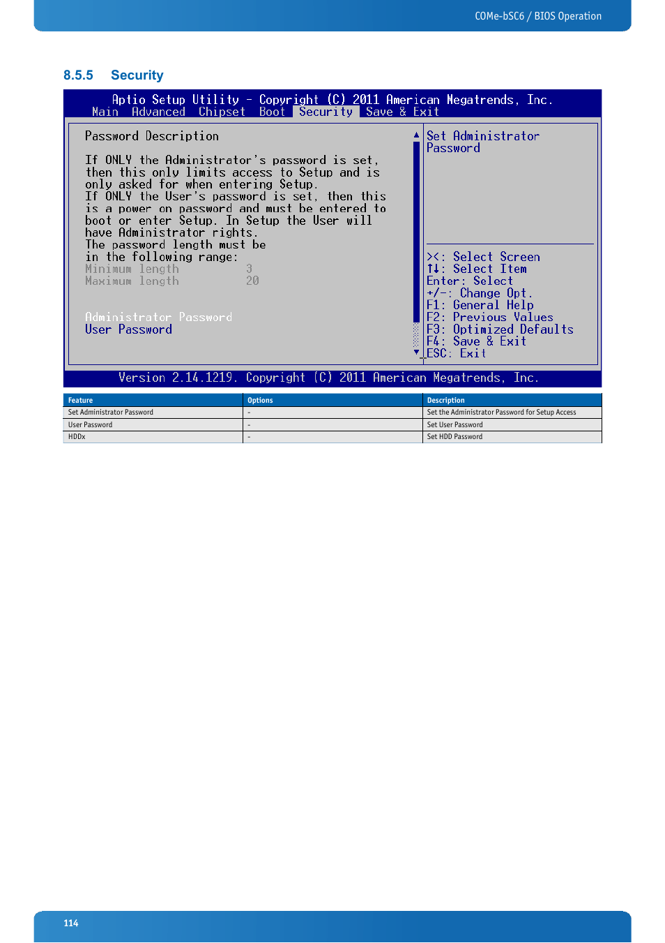 5 security, Security, Come-bsc6 / bios operation | Kontron COMe-bSC6 User Manual | Page 114 / 117