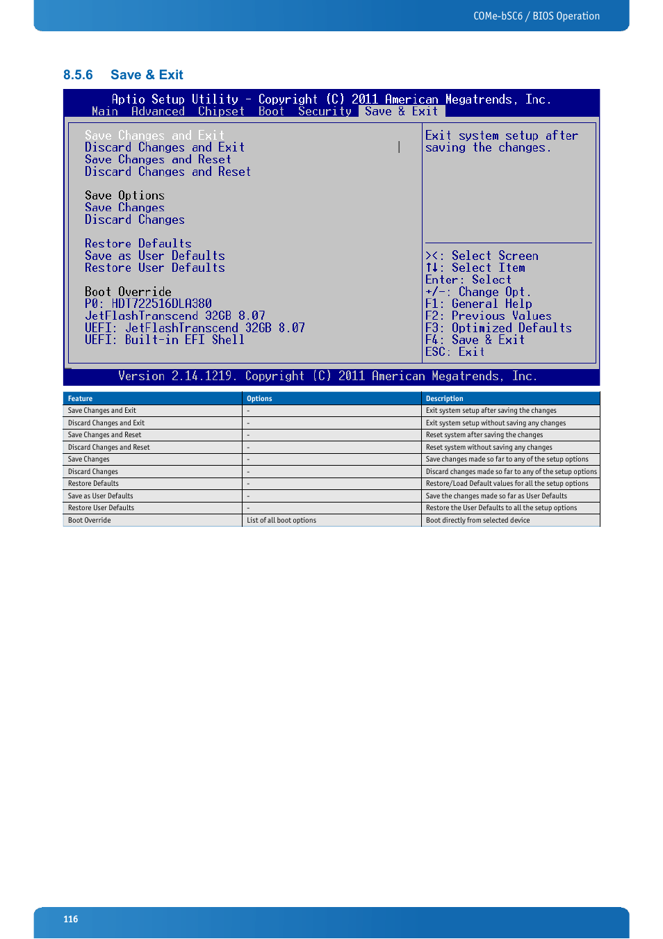 6 save & exit, Save & exit, Come-bsc6 / bios operation | Kontron COMe-bSC6 User Manual | Page 116 / 117