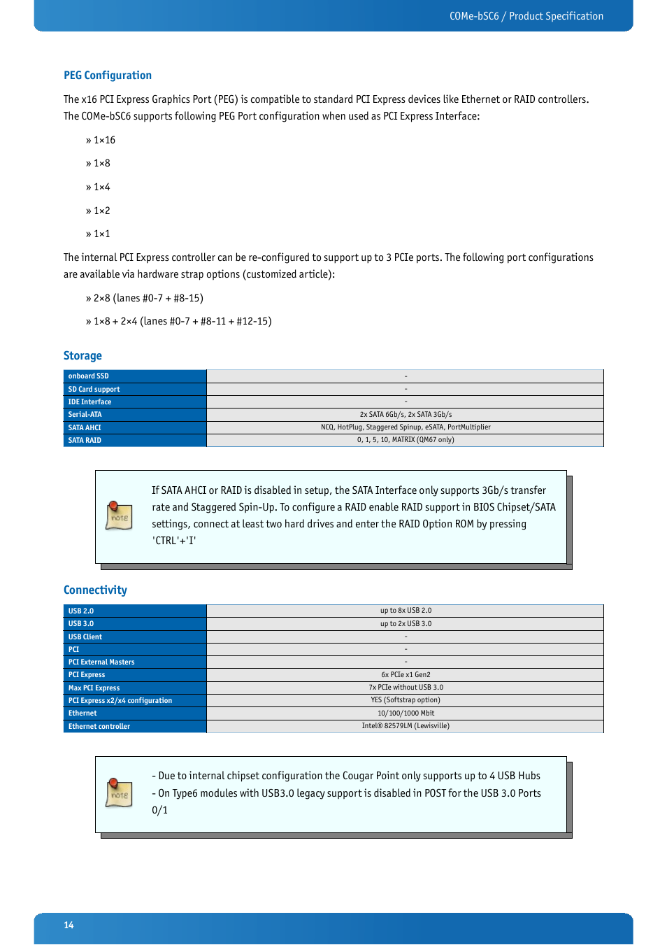 Peg configuration, Storage, Connectivity | Kontron COMe-bSC6 User Manual | Page 14 / 117