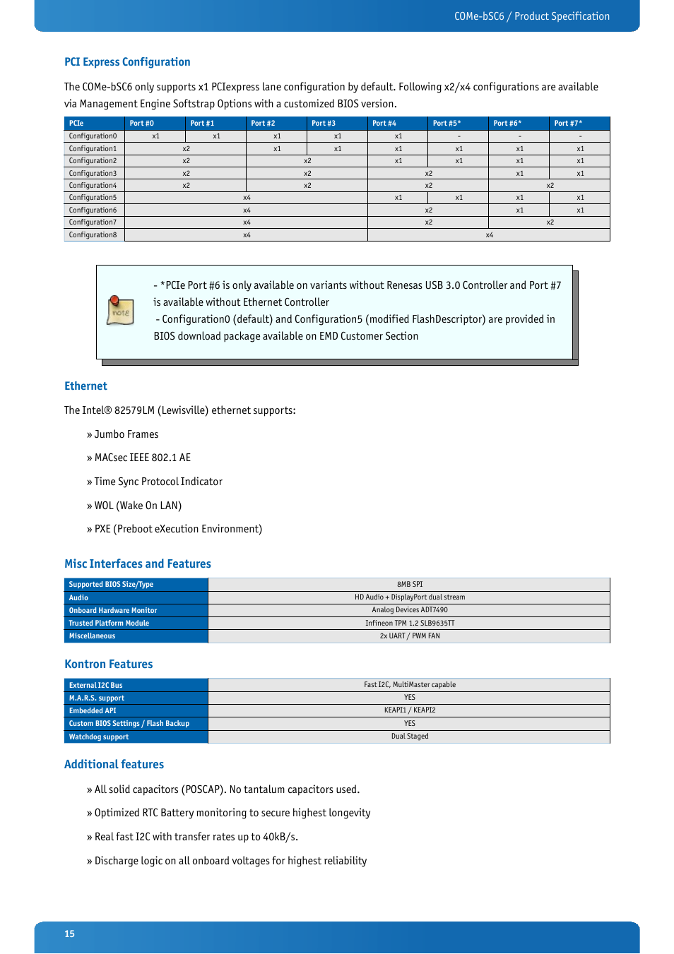 Pci express configuration, Ethernet, Misc interfaces and features | Kontron features, Additional features | Kontron COMe-bSC6 User Manual | Page 15 / 117