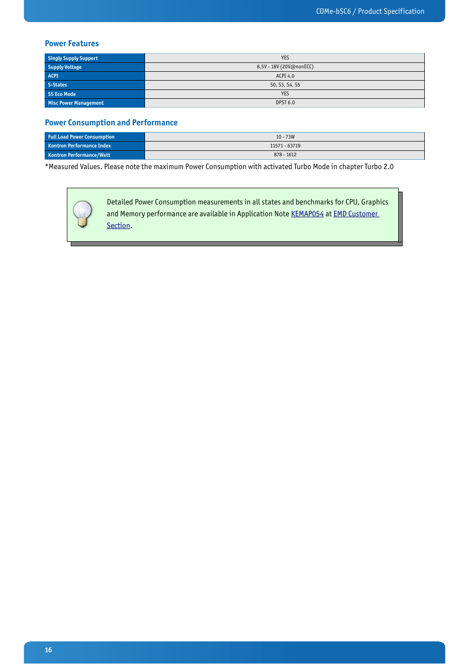 Power features, Power consumption and performance | Kontron COMe-bSC6 User Manual | Page 16 / 117