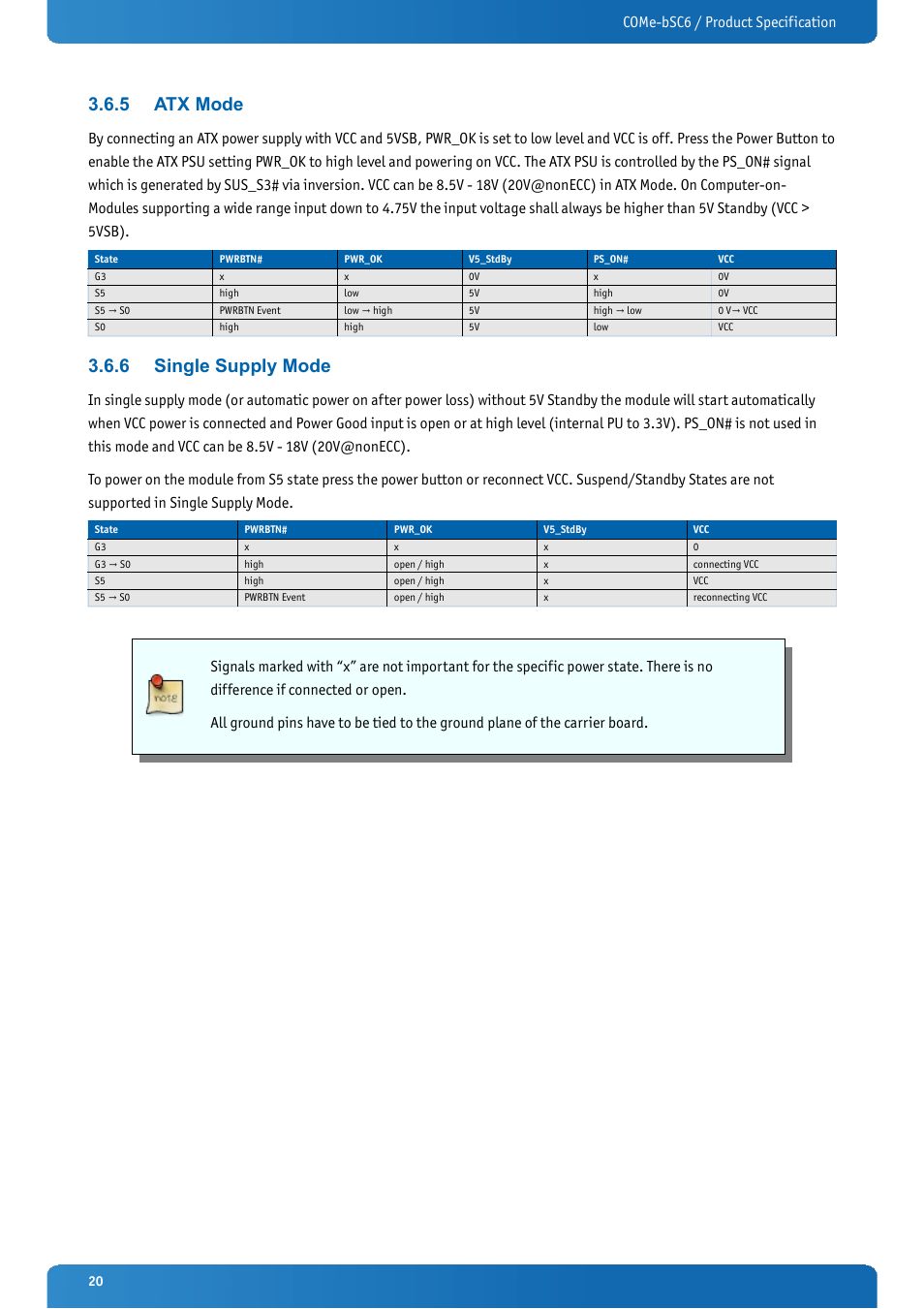 5 atx mode, 6 single supply mode, Atx mode | Single supply mode, Come-bsc6 / product specification | Kontron COMe-bSC6 User Manual | Page 20 / 117