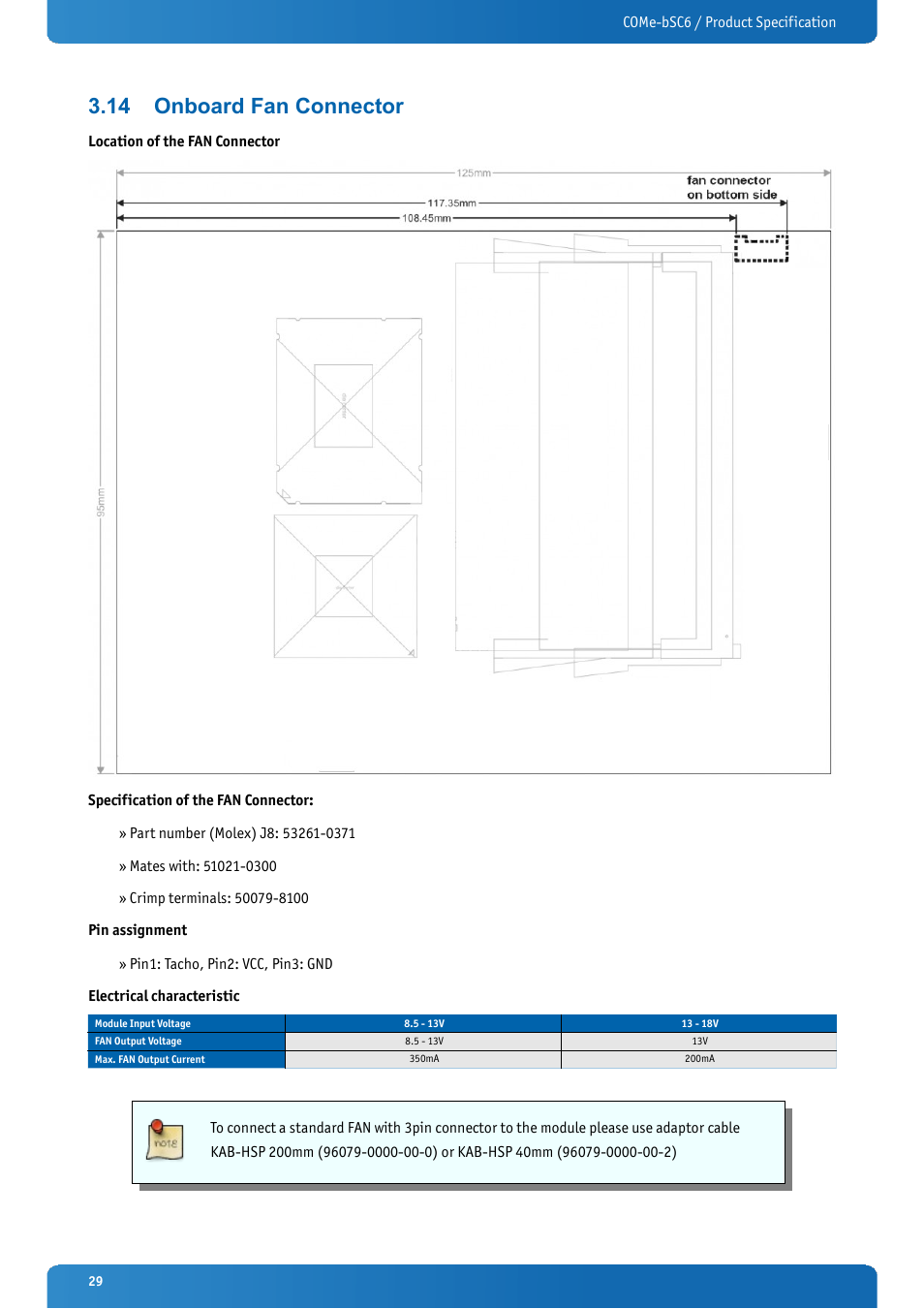 14 onboard fan connector, Onboard fan connector | Kontron COMe-bSC6 User Manual | Page 29 / 117