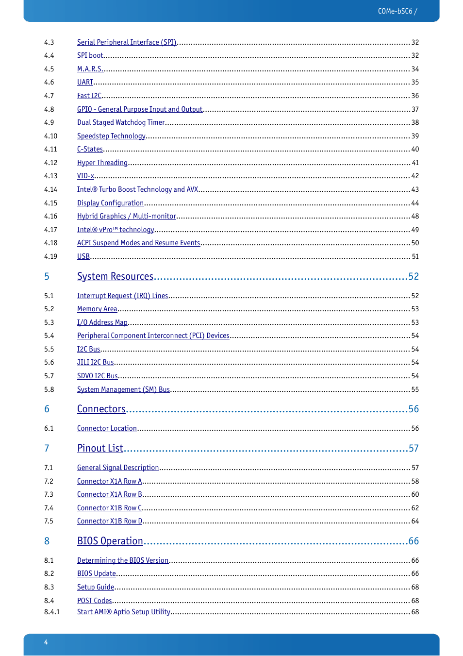 5system resources, 6connectors, 7pinout list | 8bios operation | Kontron COMe-bSC6 User Manual | Page 4 / 117