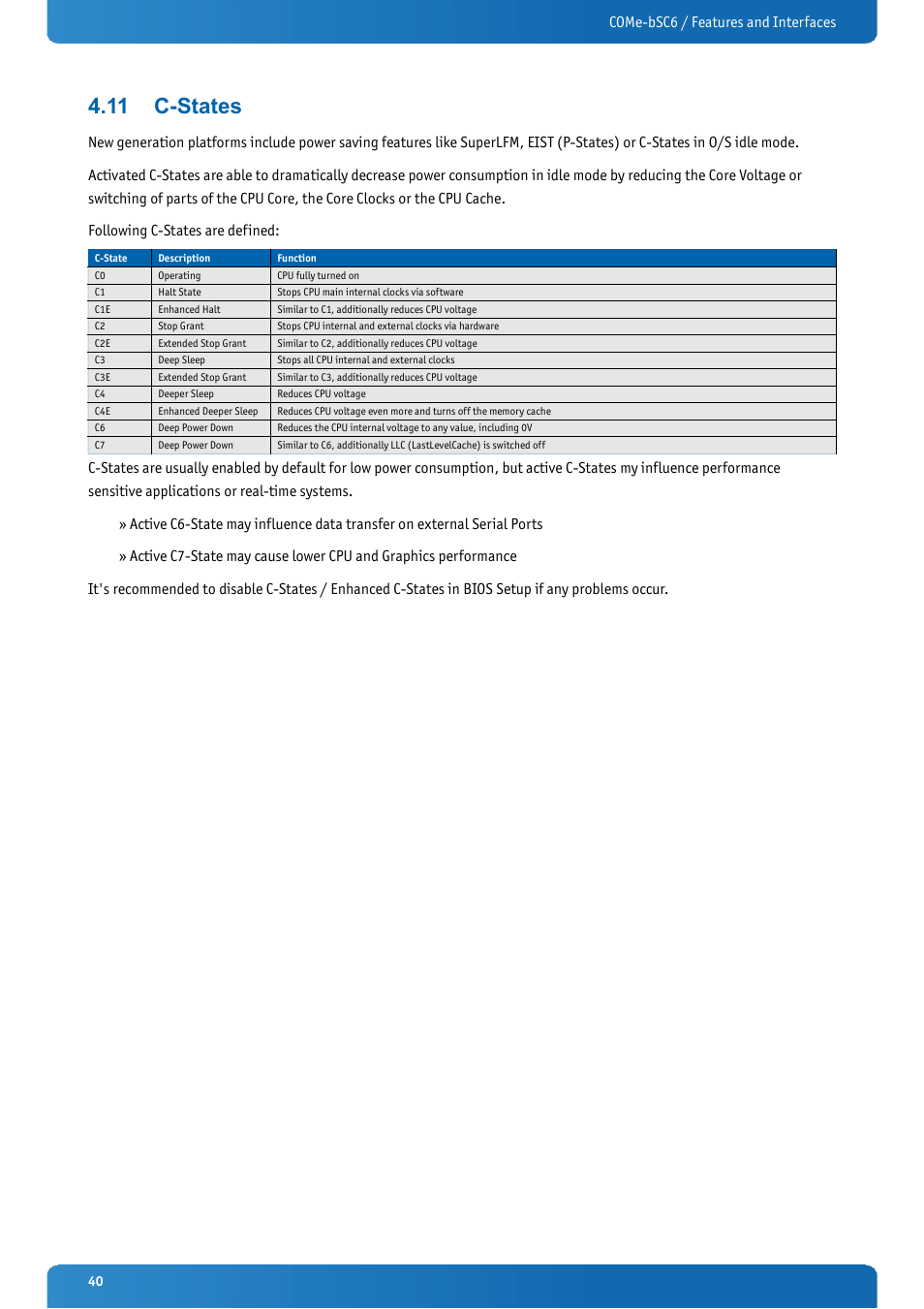 11 c-states, C-states, Come-bsc6 / features and interfaces | Kontron COMe-bSC6 User Manual | Page 40 / 117