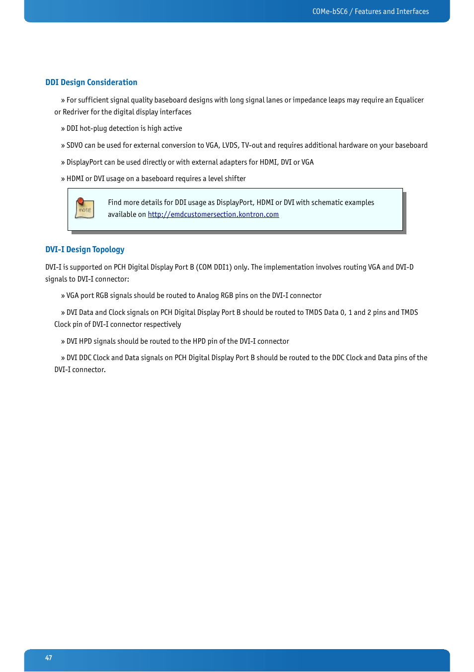 Ddi design consideration, Dvi-i design topology | Kontron COMe-bSC6 User Manual | Page 47 / 117