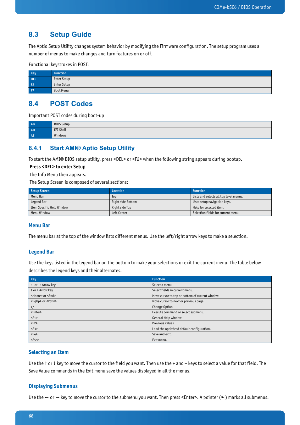3 setup guide, 4 post codes, 1 start ami® aptio setup utility | Menu bar, Legend bar, Selecting an item, Displaying submenus, Setup guide, Post codes, Start ami® aptio setup utility | Kontron COMe-bSC6 User Manual | Page 68 / 117