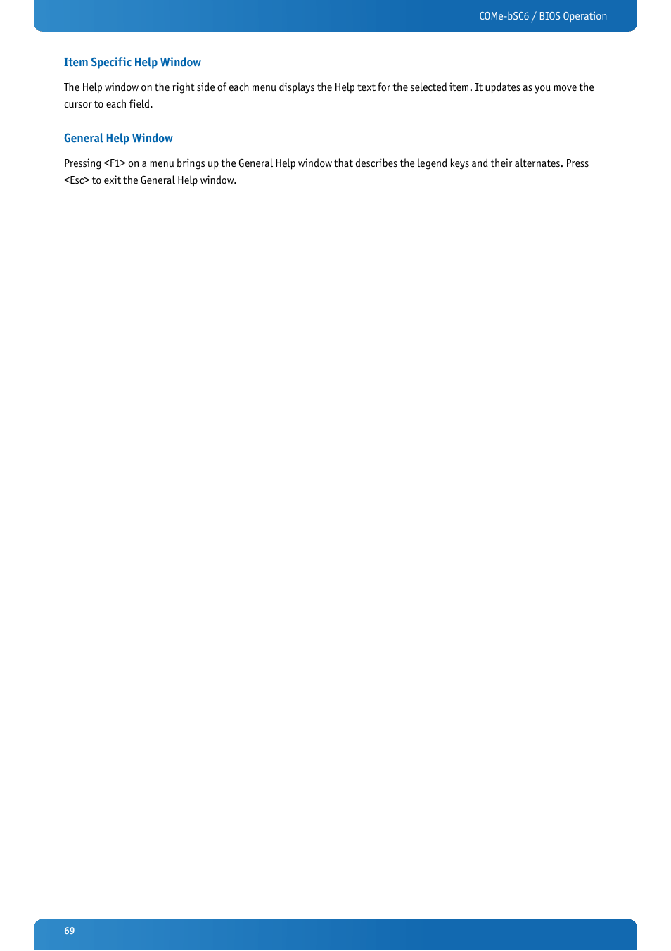 Item specific help window, General help window | Kontron COMe-bSC6 User Manual | Page 69 / 117