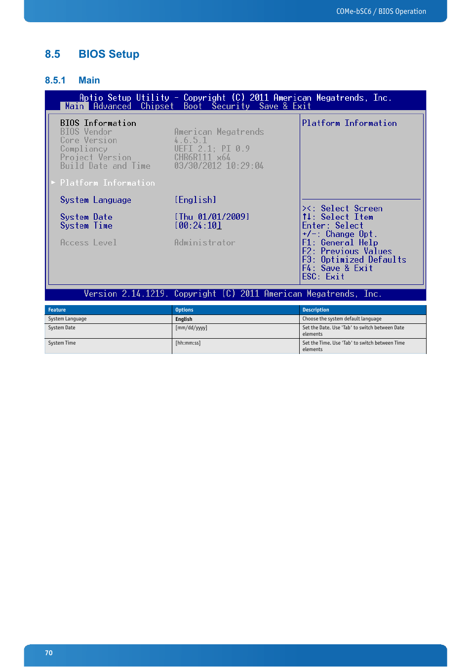 5 bios setup, 1 main, Bios setup | Main | Kontron COMe-bSC6 User Manual | Page 70 / 117
