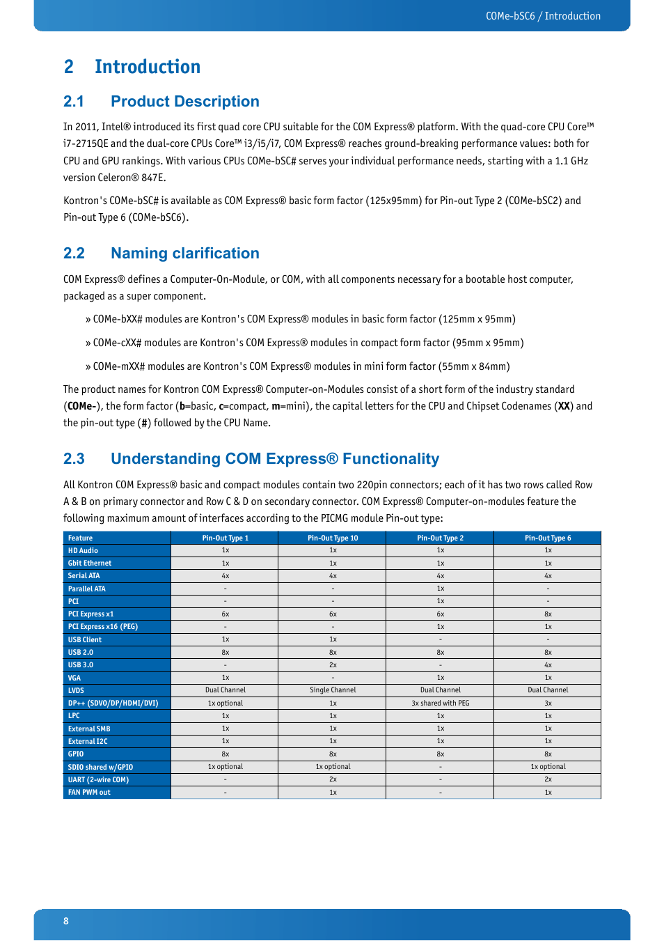 2 introduction, 1 product description, 2 naming clarification | 3 understanding com express® functionality, Introduction, Product description, Naming clarification, Understanding com express® functionality, Come-bsc6 / introduction | Kontron COMe-bSC6 User Manual | Page 8 / 117