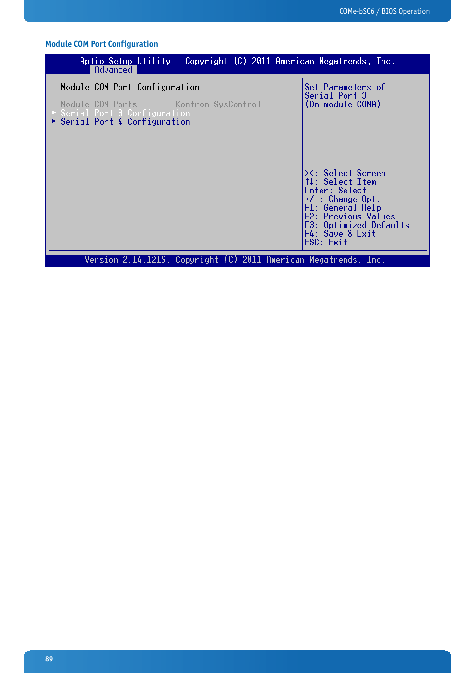 Module com port configuration | Kontron COMe-bSC6 User Manual | Page 89 / 117