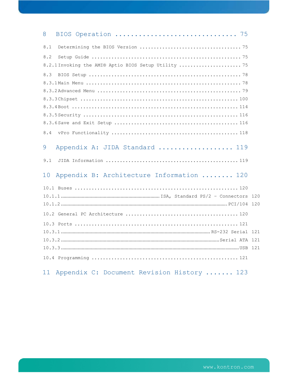 Bios operation, Appendix a: jida standard, Appendix b: architecture information | Appendix c: document revision history | Kontron ETXexpress-AI User Manual | Page 5 / 129