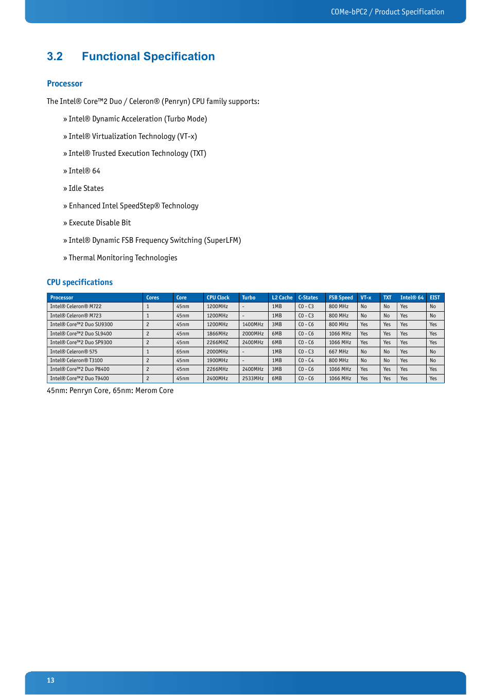 2 functional specification, Processor, Cpu specifications | Functional specification, Come-bpc2 / product specification, 45nm: penryn core, 65nm: merom core | Kontron COMe-bPC2 User Manual | Page 13 / 115