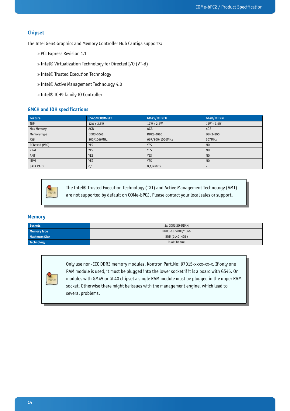 Chipset, Gmch and ioh specifications, Memory | Come-bpc2 / product specification | Kontron COMe-bPC2 User Manual | Page 14 / 115