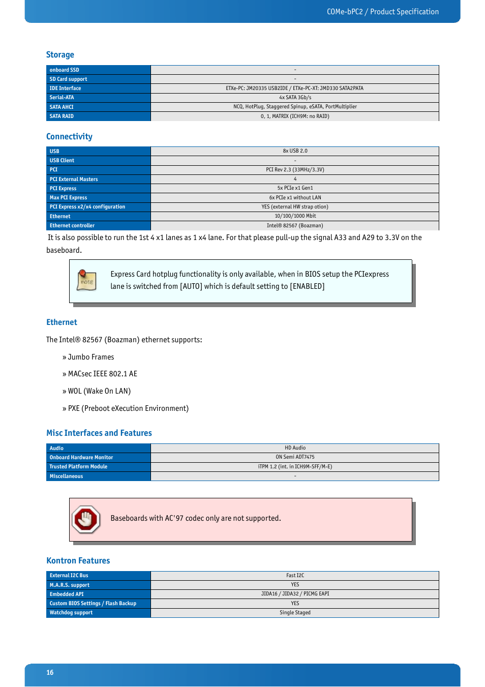 Storage, Connectivity, Ethernet | Misc interfaces and features, Kontron features, Come-bpc2 / product specification, Baseboards with ac'97 codec only are not supported | Kontron COMe-bPC2 User Manual | Page 16 / 115