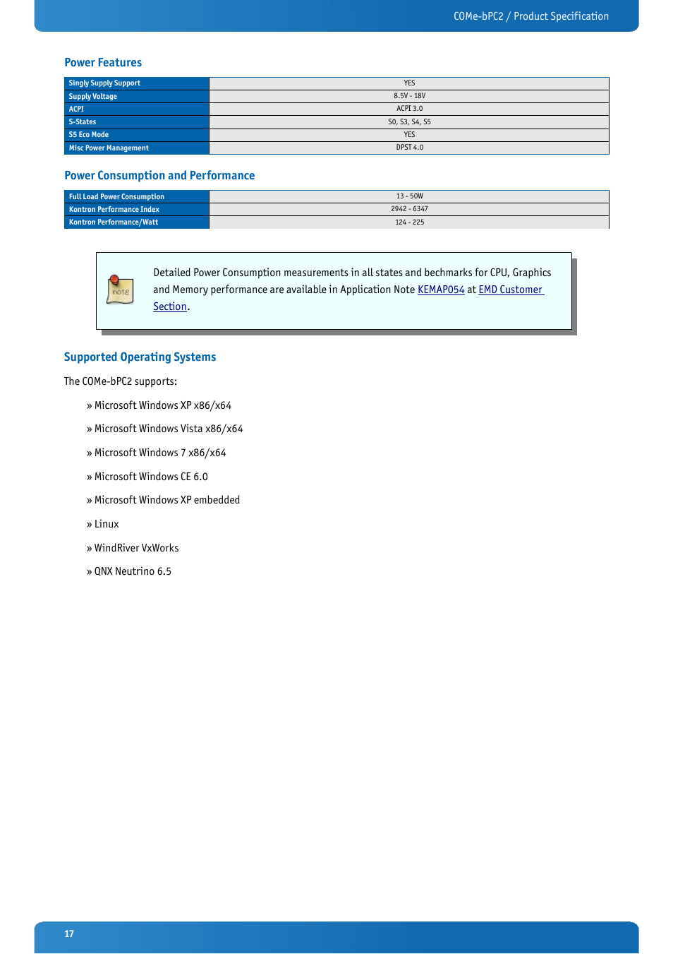 Power features, Power consumption and performance, Supported operating systems | Kontron COMe-bPC2 User Manual | Page 17 / 115