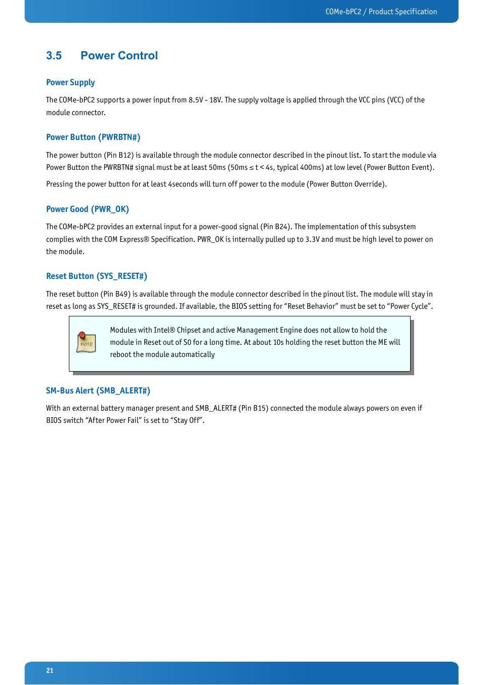 5 power control, Power supply, Power button (pwrbtn#) | Power good (pwr_ok), Reset button (sys_reset#), Sm-bus alert (smb_alert#), Power control | Kontron COMe-bPC2 User Manual | Page 21 / 115