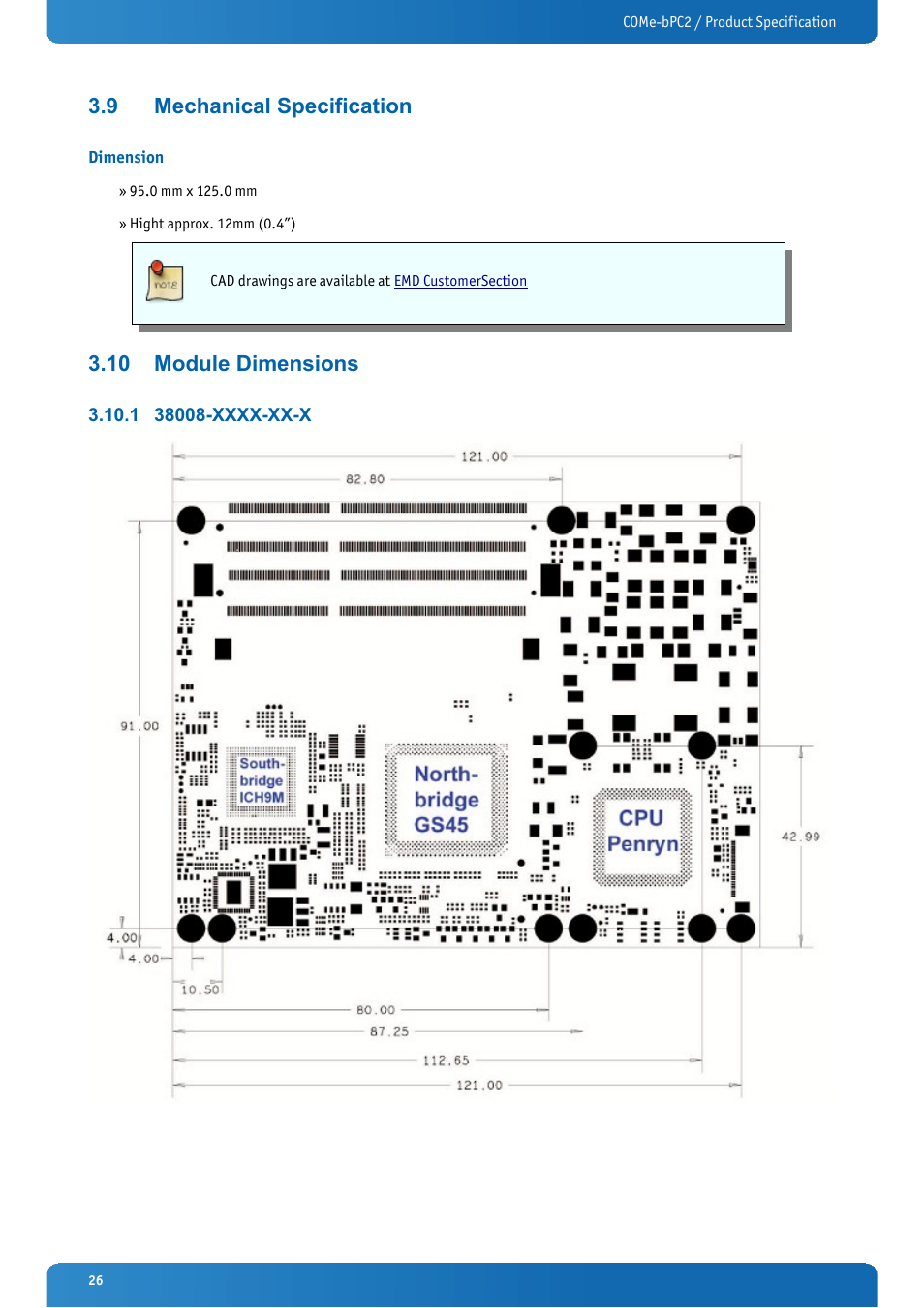 9 mechanical specification, Dimension, 10 module dimensions | 1 38008-xxxx-xx-x, Mechanical specification, Module dimensions, 38008-xxxx-xx-x | Kontron COMe-bPC2 User Manual | Page 26 / 115