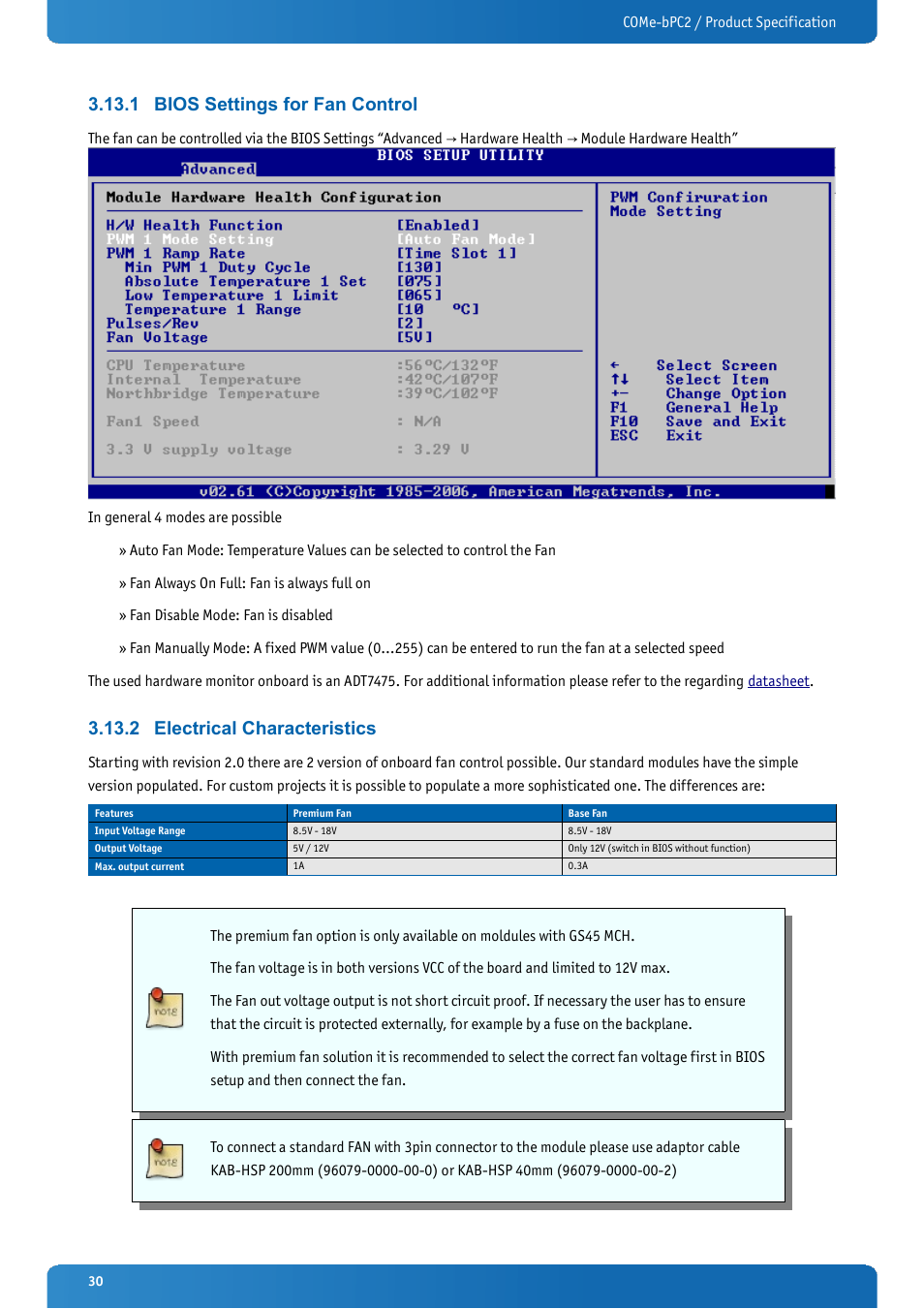 1 bios settings for fan control, 2 electrical characteristics, Bios settings for fan control | Electrical characteristics | Kontron COMe-bPC2 User Manual | Page 30 / 115