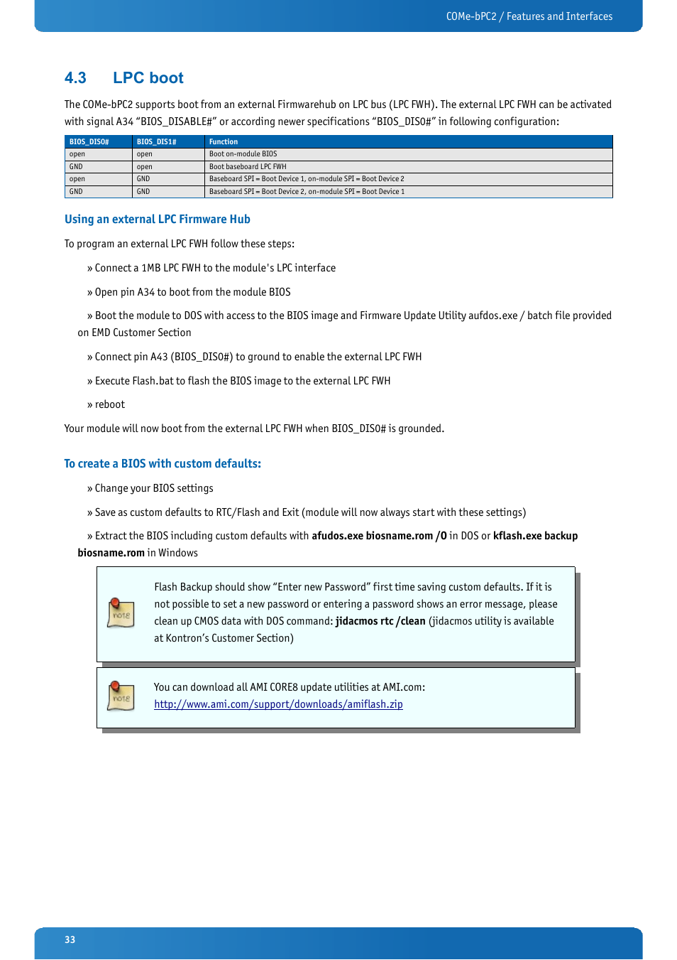 3 lpc boot, Using an external lpc firmware hub, To create a bios with custom defaults | Lpc boot | Kontron COMe-bPC2 User Manual | Page 33 / 115