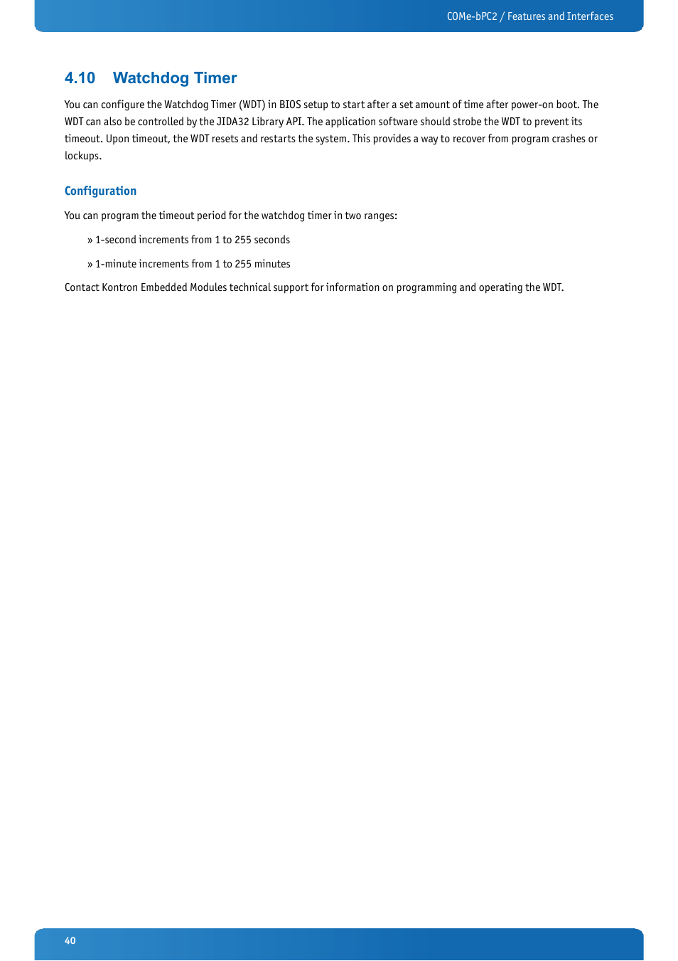 10 watchdog timer, Configuration, Watchdog timer | Kontron COMe-bPC2 User Manual | Page 40 / 115