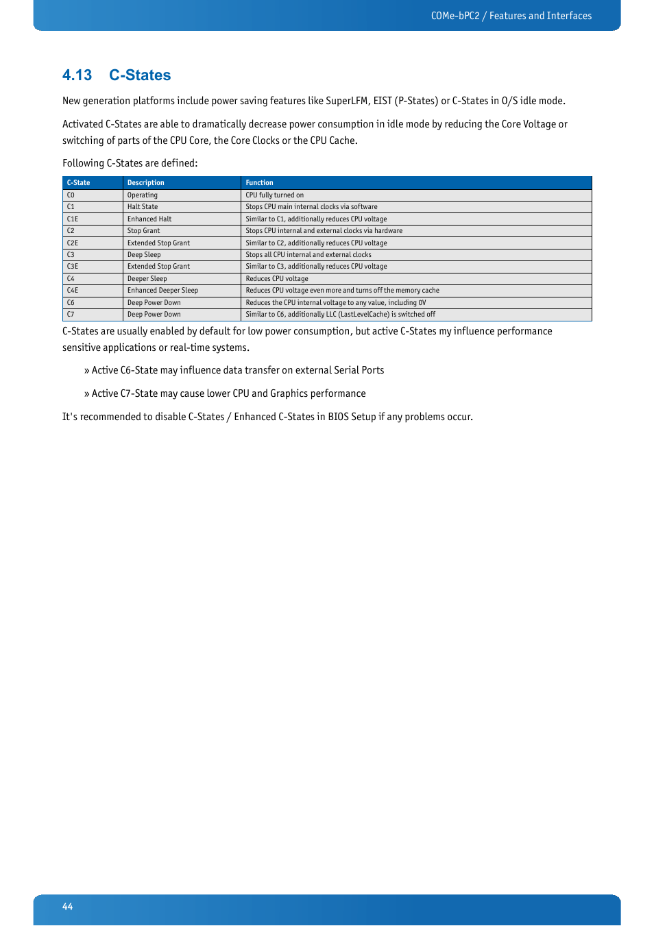 13 c-states, C-states, Come-bpc2 / features and interfaces | Kontron COMe-bPC2 User Manual | Page 44 / 115