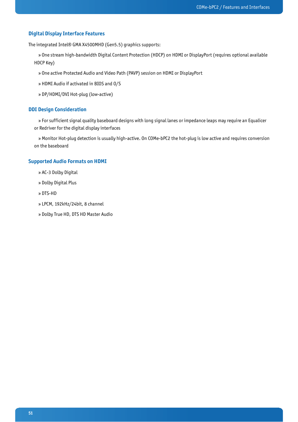 Digital display interface features, Ddi design consideration, Supported audio formats on hdmi | Kontron COMe-bPC2 User Manual | Page 51 / 115