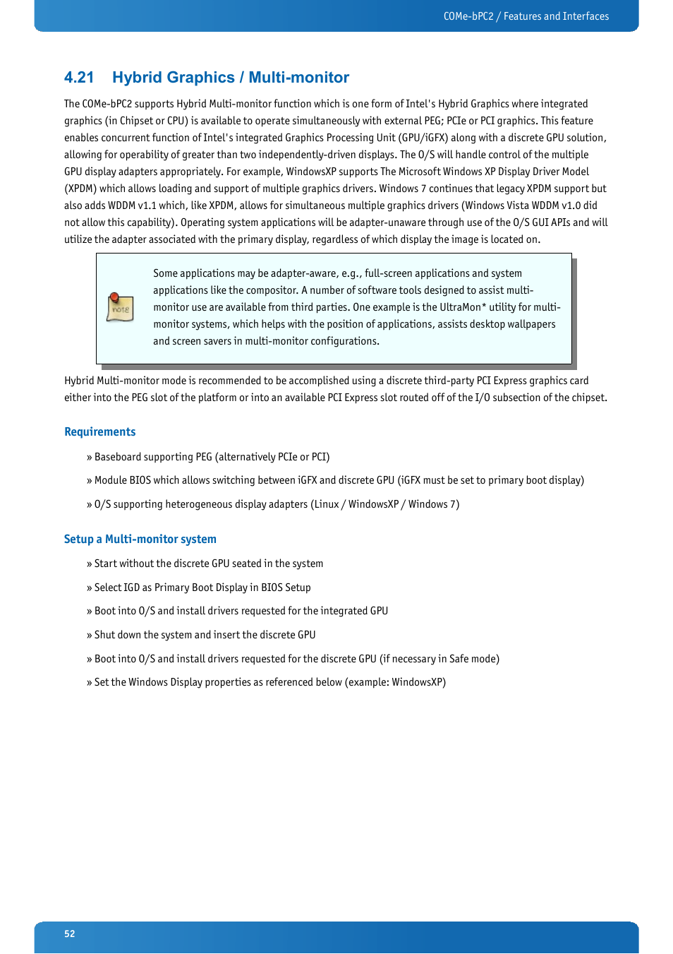 21 hybrid graphics / multi-monitor, Requirements, Setup a multi-monitor system | Hybrid graphics / multi-monitor | Kontron COMe-bPC2 User Manual | Page 52 / 115