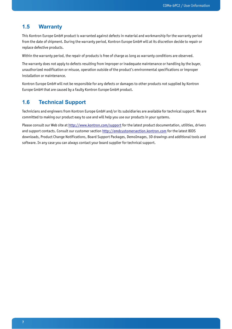 5 warranty, 6 technical support, Warranty | Technical support | Kontron COMe-bPC2 User Manual | Page 7 / 115
