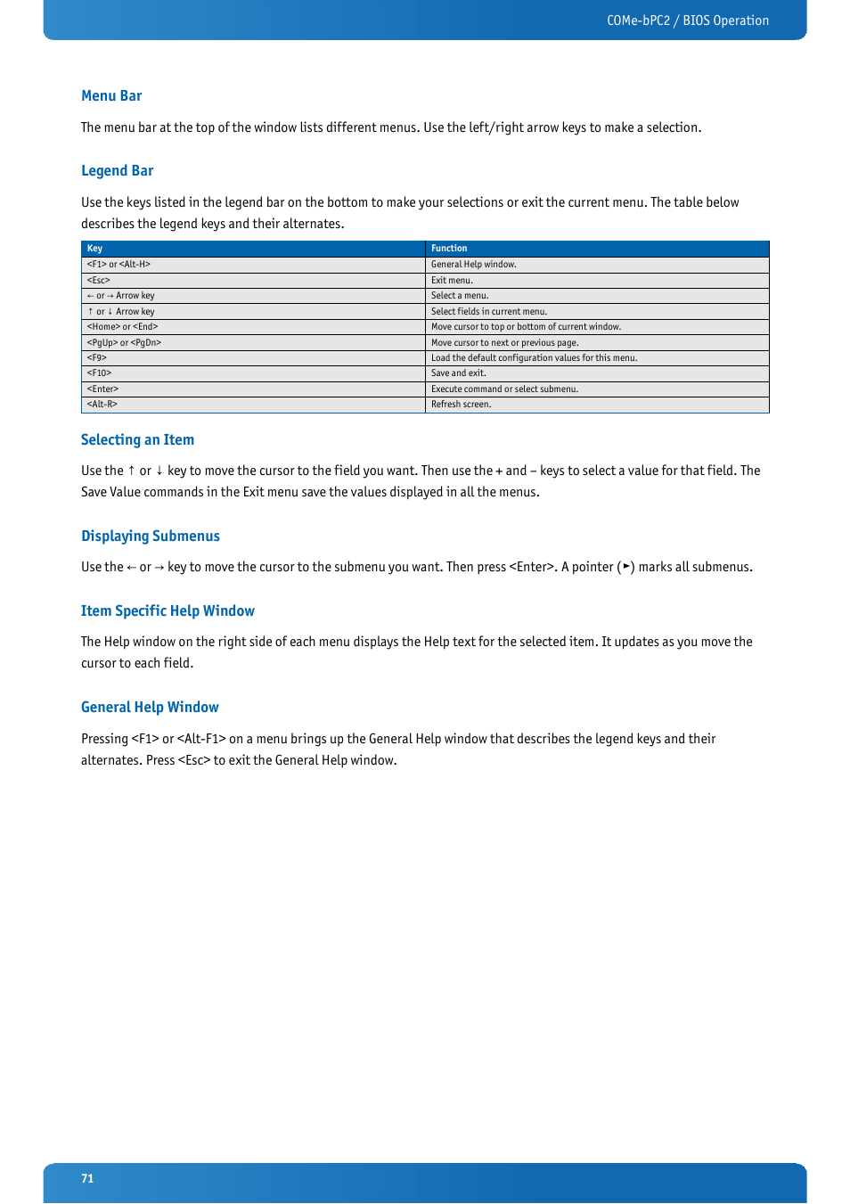 Menu bar, Legend bar, Selecting an item | Displaying submenus, Item specific help window, General help window | Kontron COMe-bPC2 User Manual | Page 71 / 115